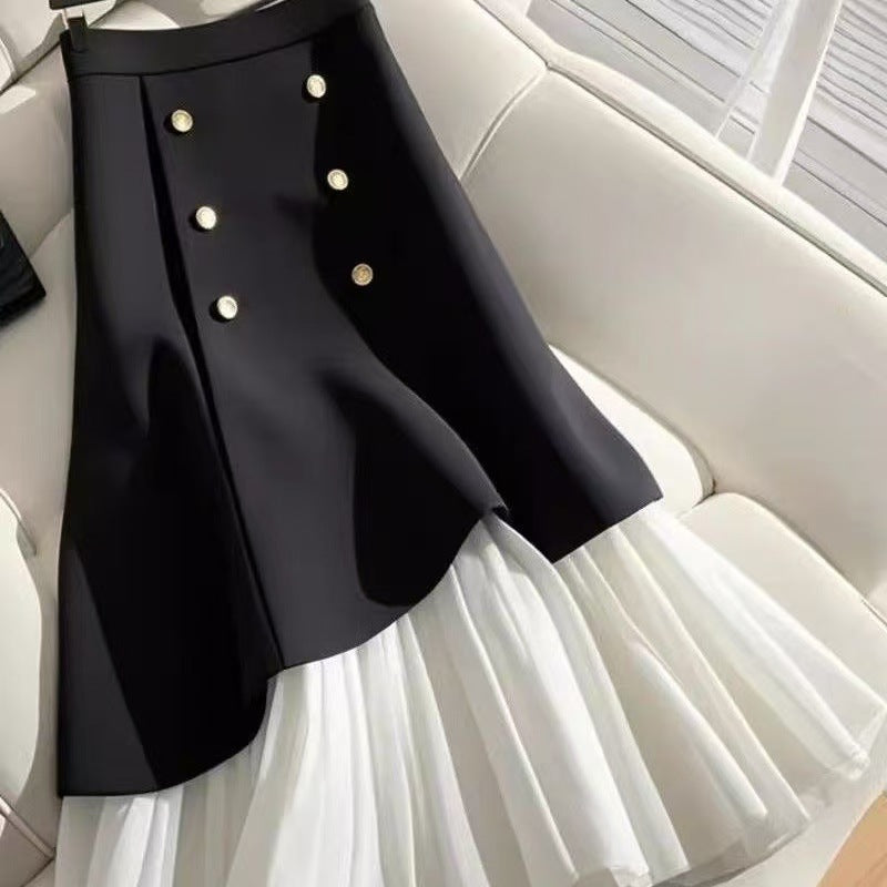 Irregular Splicing Half Skirt With Buttons