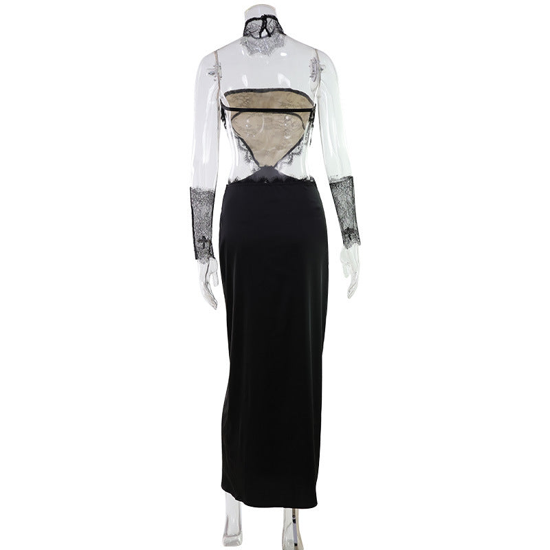 Fashionable Midriff-baring Sexy Strapless Lace-embellished Backless Evening Dress