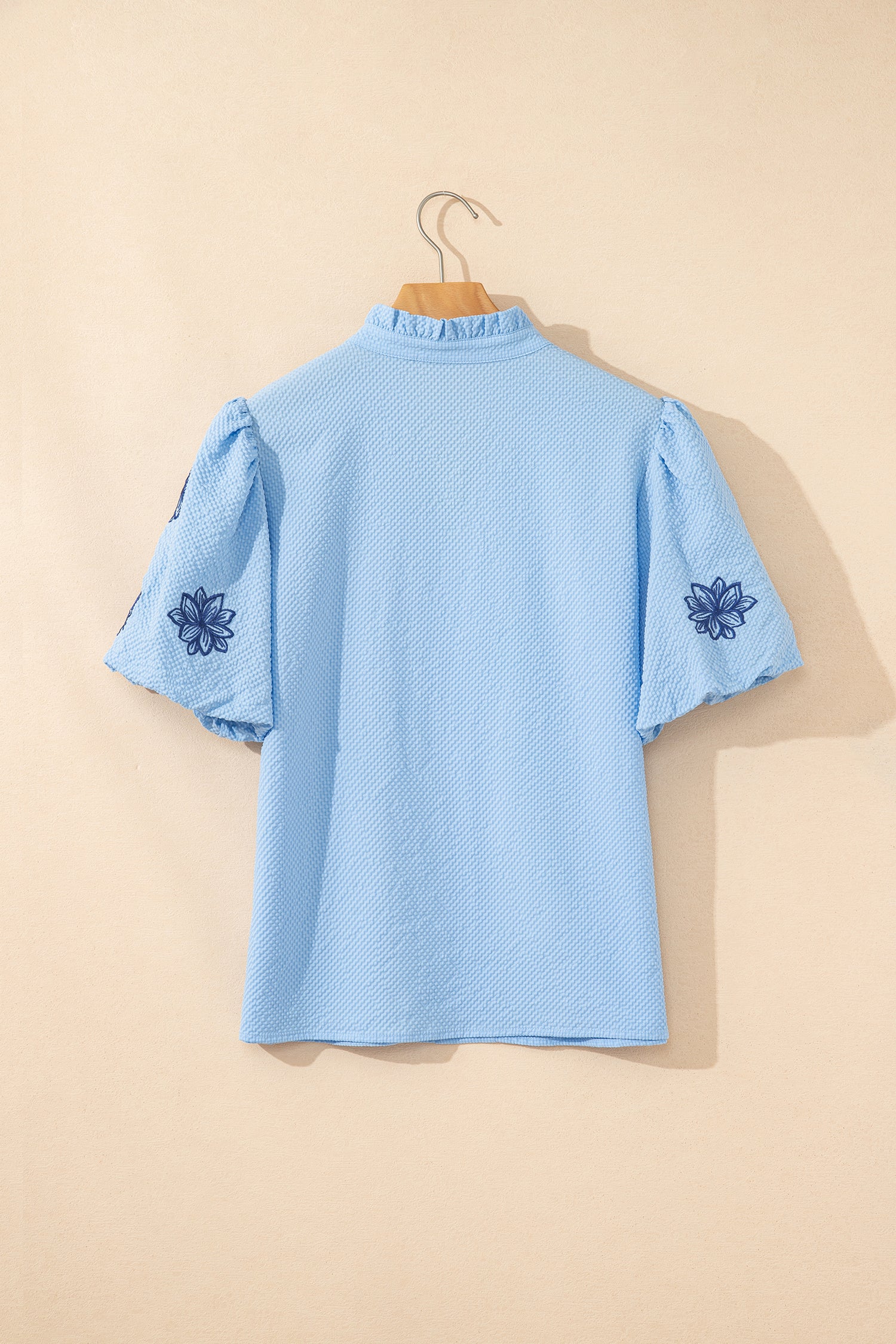 Beau Blue Flower Embroidered Puff Sleeve Split Neck Textured Blouse