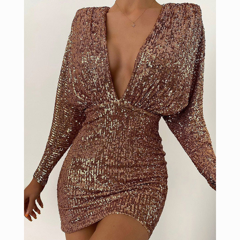 V-neck Batwing-sleeve Sequin Bodycon Dress