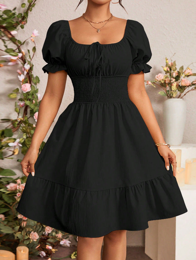 Pleated Ruffle A-line Dress With A Square Neckline And Short Sleeves