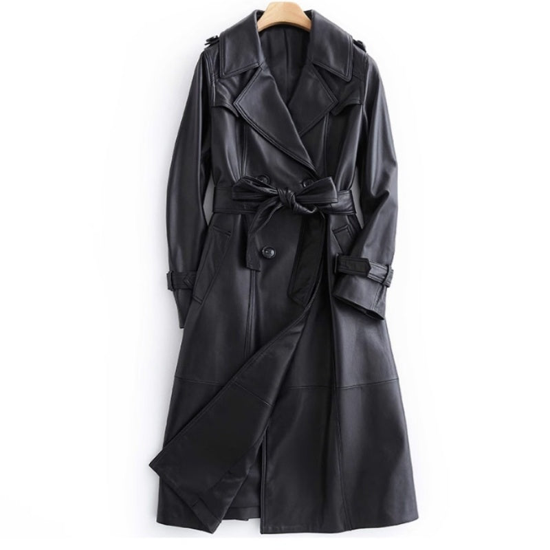 Black Long Tie Double Breasted Leather Wind Coat
