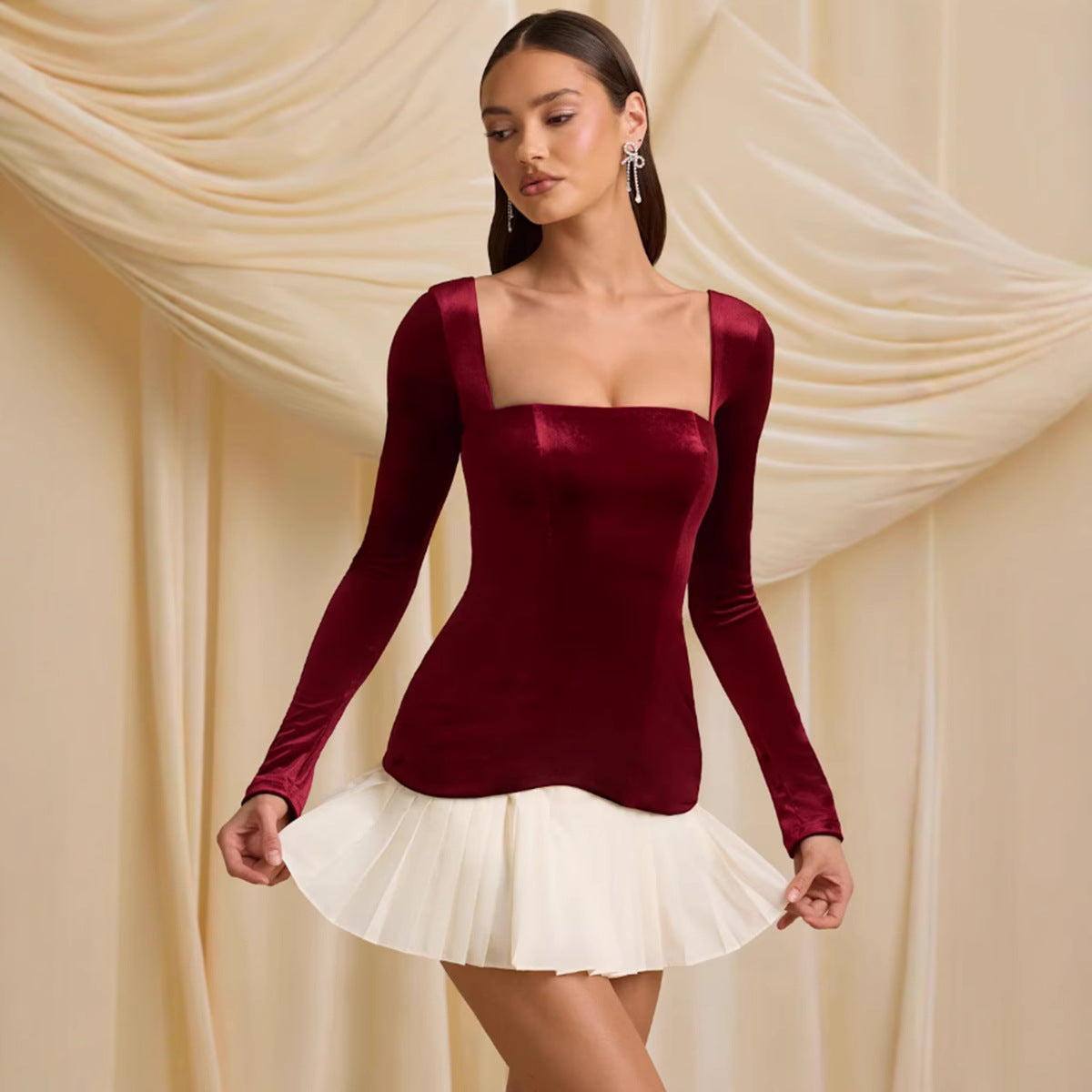 Personality Square Collar Pleated Stitching Skirt Woman