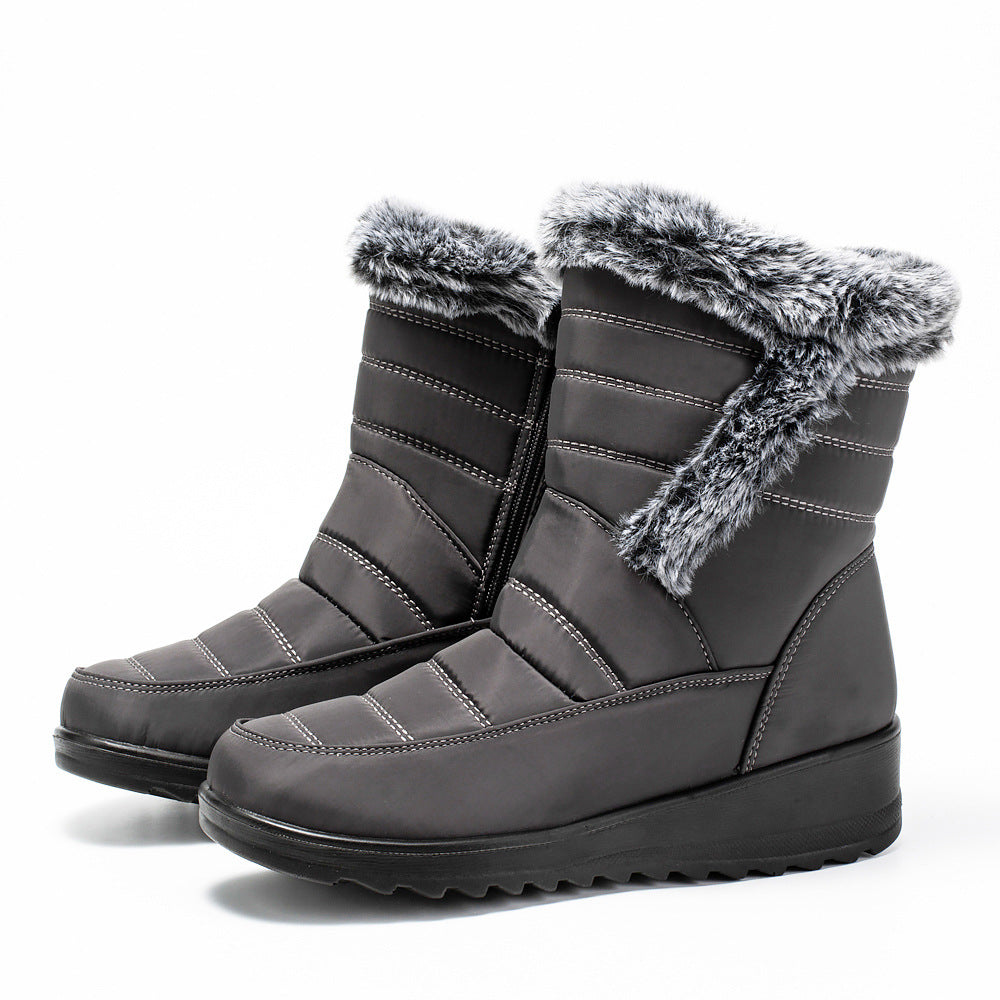High Top Womens Snow Boots With A Faux Rabbit Fur Collar Side Chain Detailing And Waterproof Design For Maximum Warmth