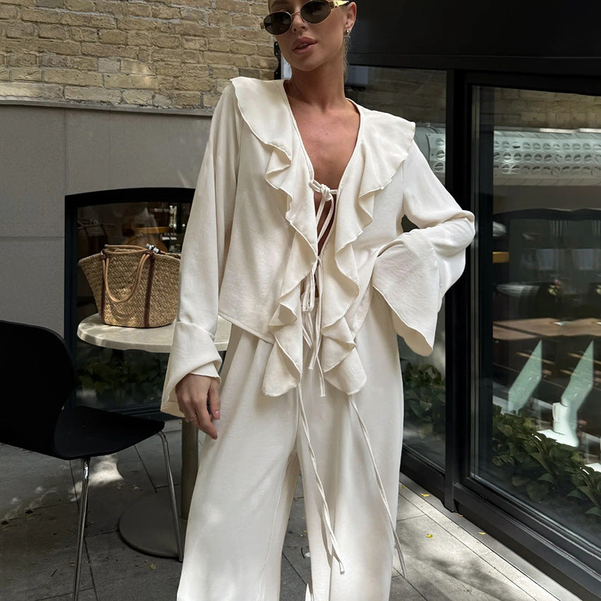 V-neck Ruffled Long-sleeve Shirt And High-waist Wide-leg Pants Two-piece Set