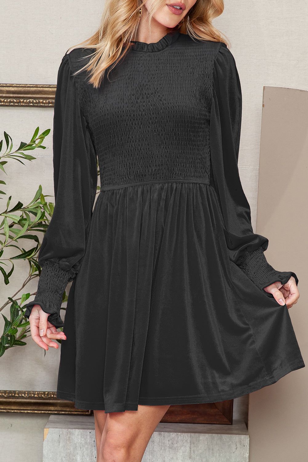 Green Smocked Lantern Sleeve Frilled Velvet Dress