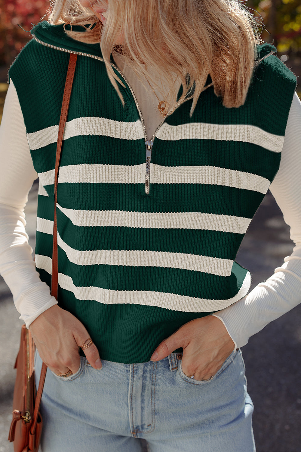 Blackish Green Ribbed Half Zip Collared Sweater Vest