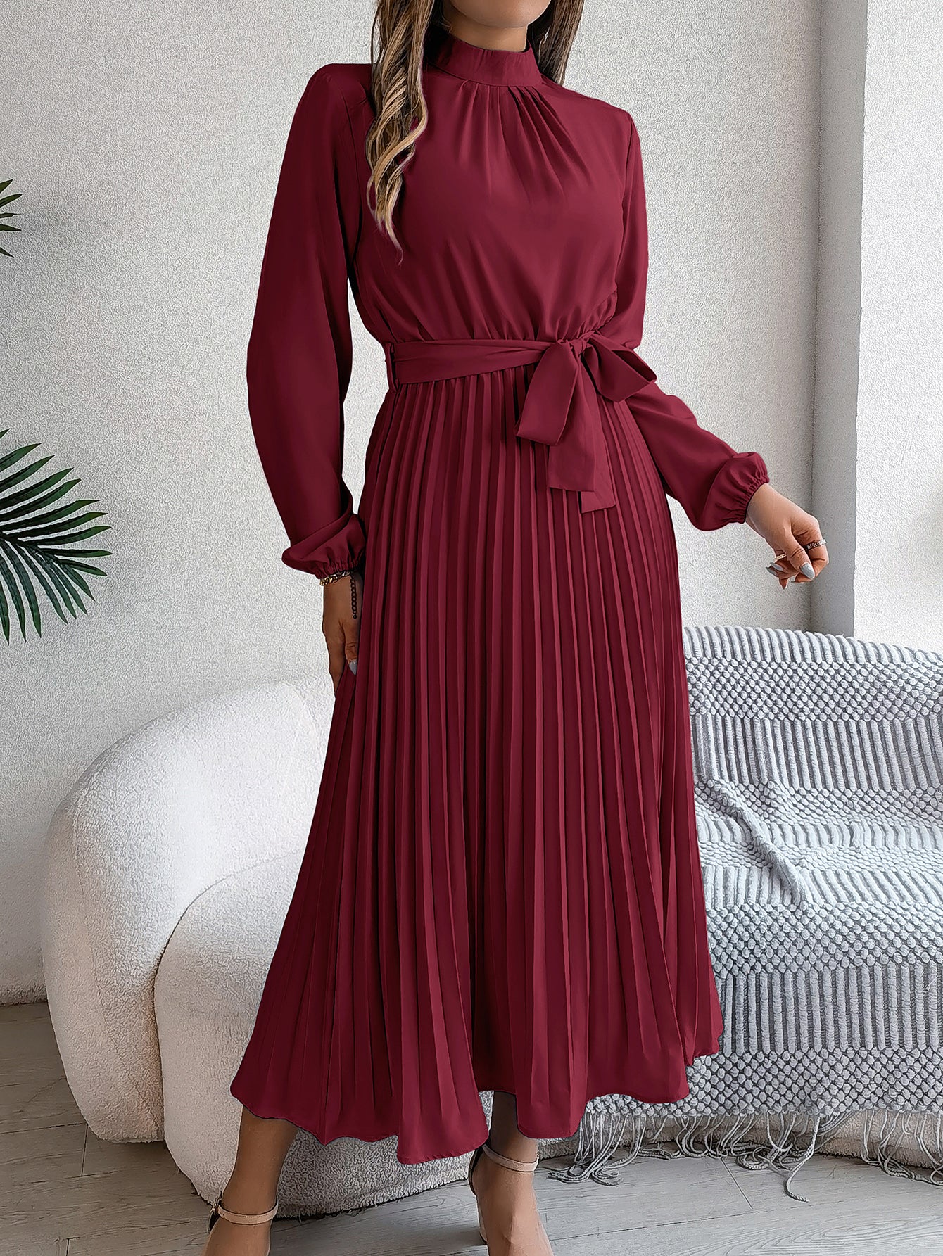 Women's Elegant Stand Collar Long Sleeve Tie Waist Pleated Maxi Evening Dress