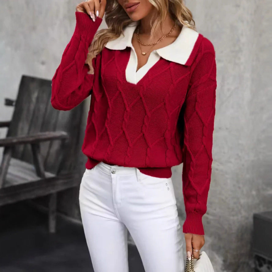 Women's Lapel Long Sleeve Contrast Color Knitted Sweater