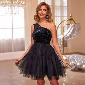 Stylish Womens Sequin Mesh One-Shoulder Dress