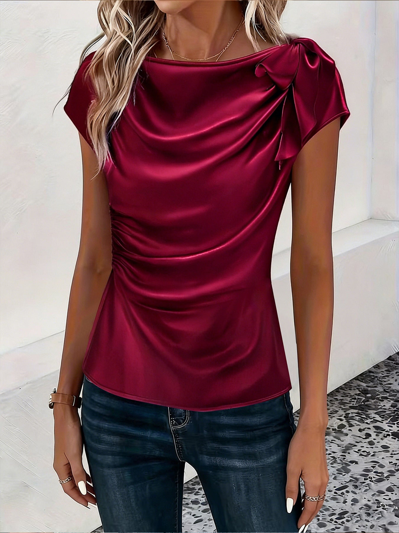 Solid-color Satin Faux-silk Off-the-shoulder Sleeveless Work Top
