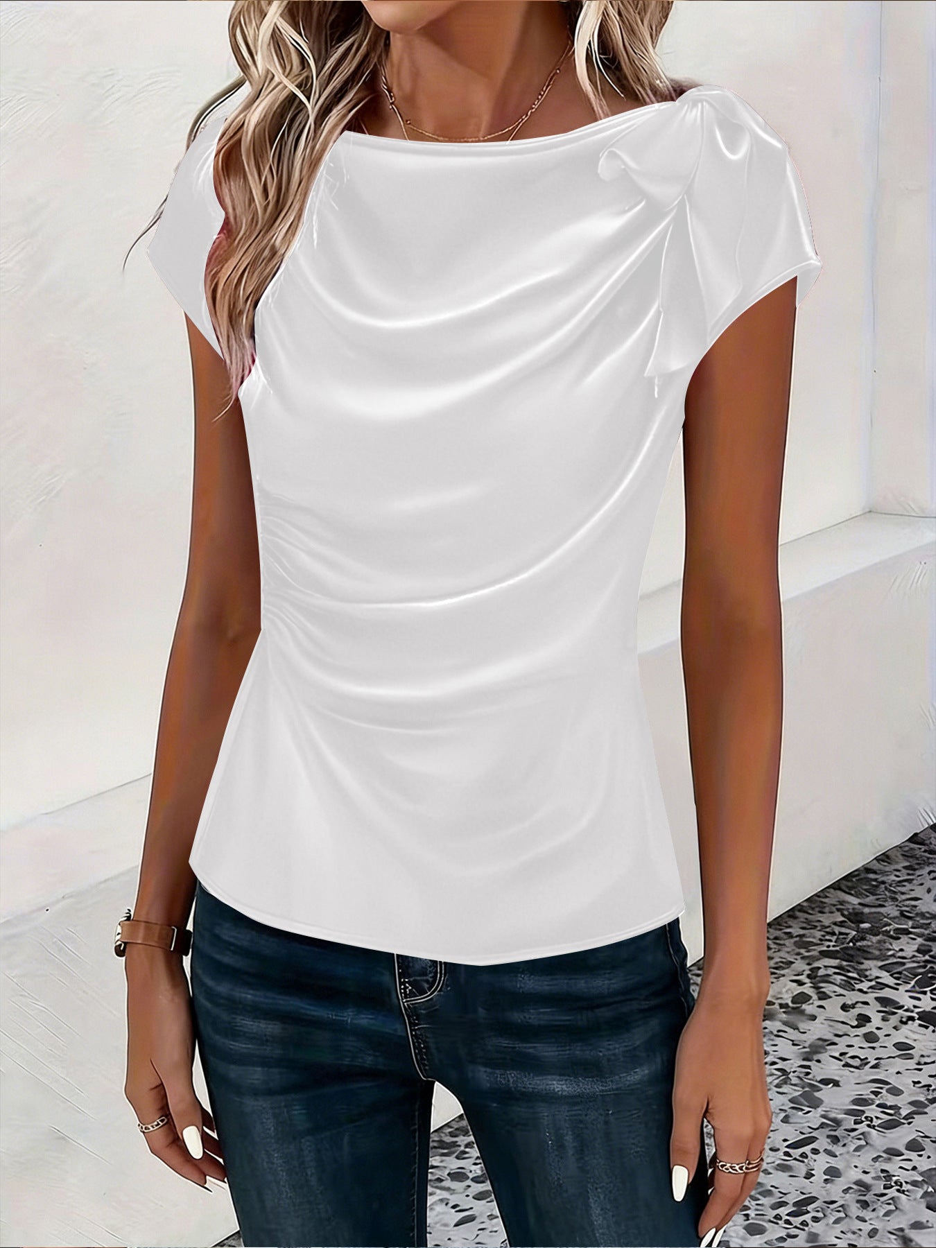 Solid-color Satin Faux-silk Off-the-shoulder Sleeveless Work Top