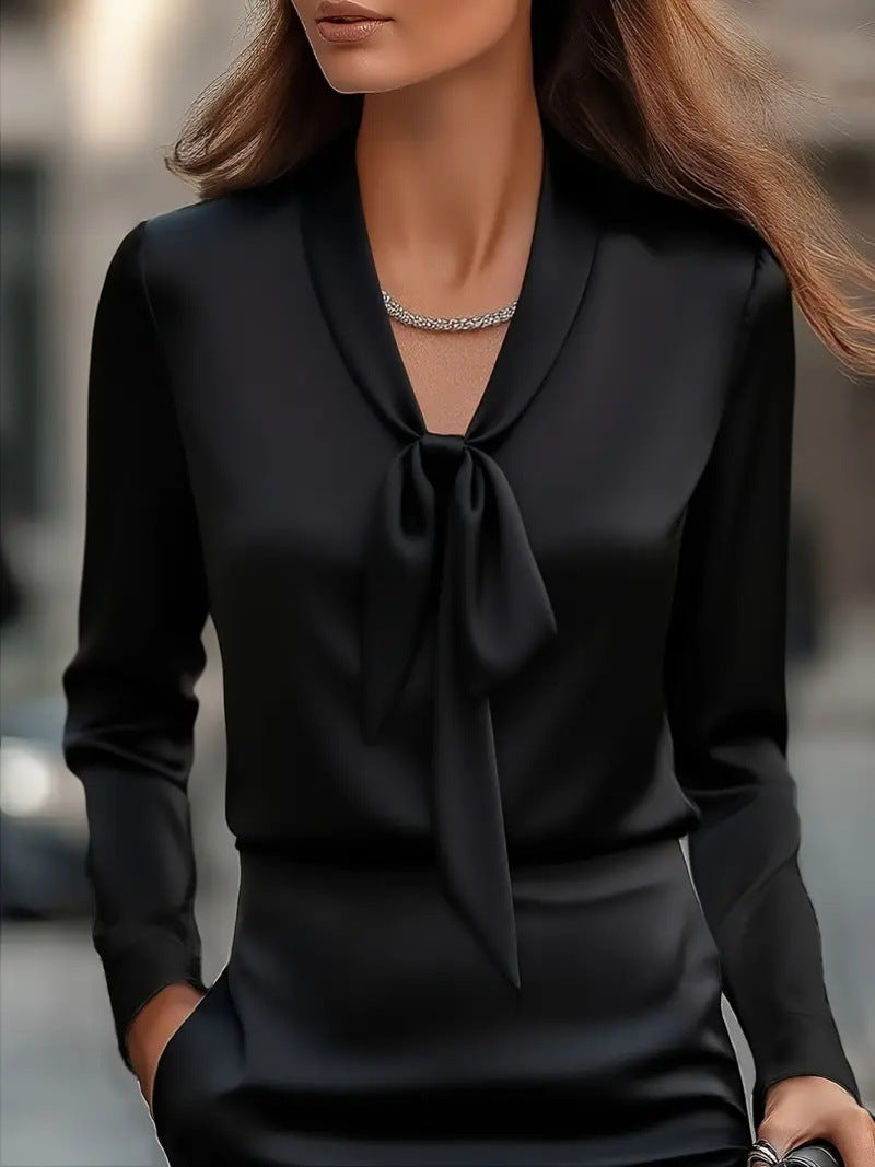 Fashionable Elegant Solid Color Tie Satin Long Sleeve Shirt