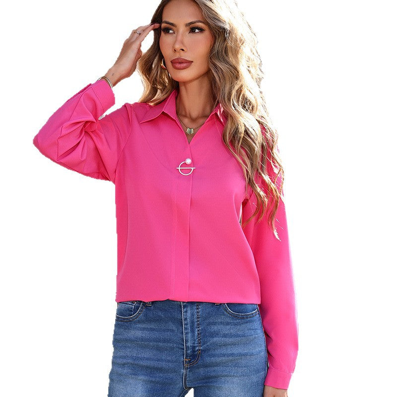 Long-sleeve Versatile Fashionable Elegant V-neck Womens Top
