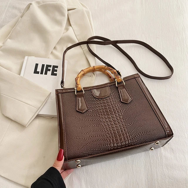 High Quality Leather Shoulder Bag For Women Luxury Alligator Handbag Designer Women Bag Retro Bamboo Handle Tote Bag Female