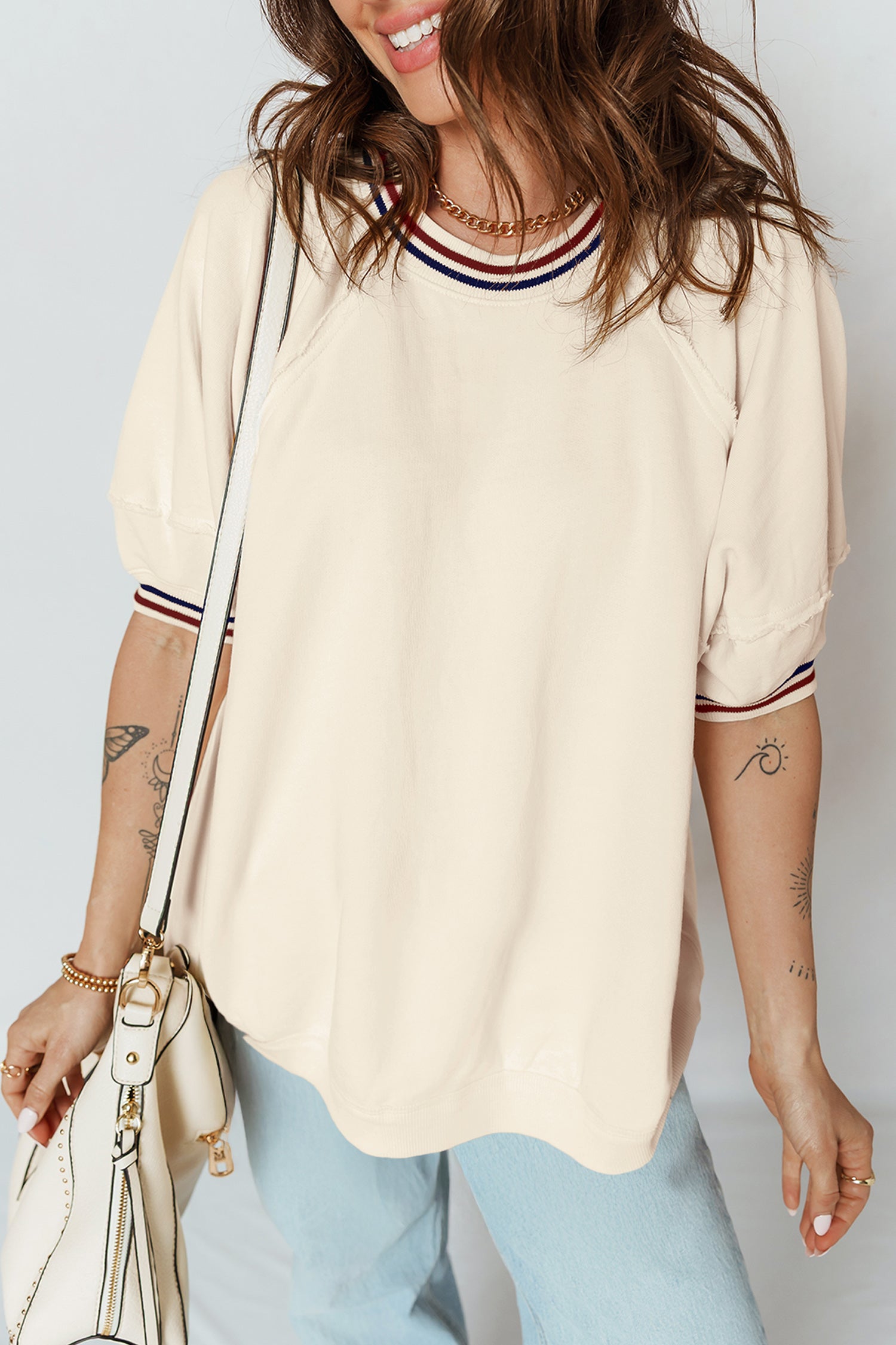 Beige Contrast Varsity Striped Neckline Cuffed Short Sleeve Loose Tunic Top