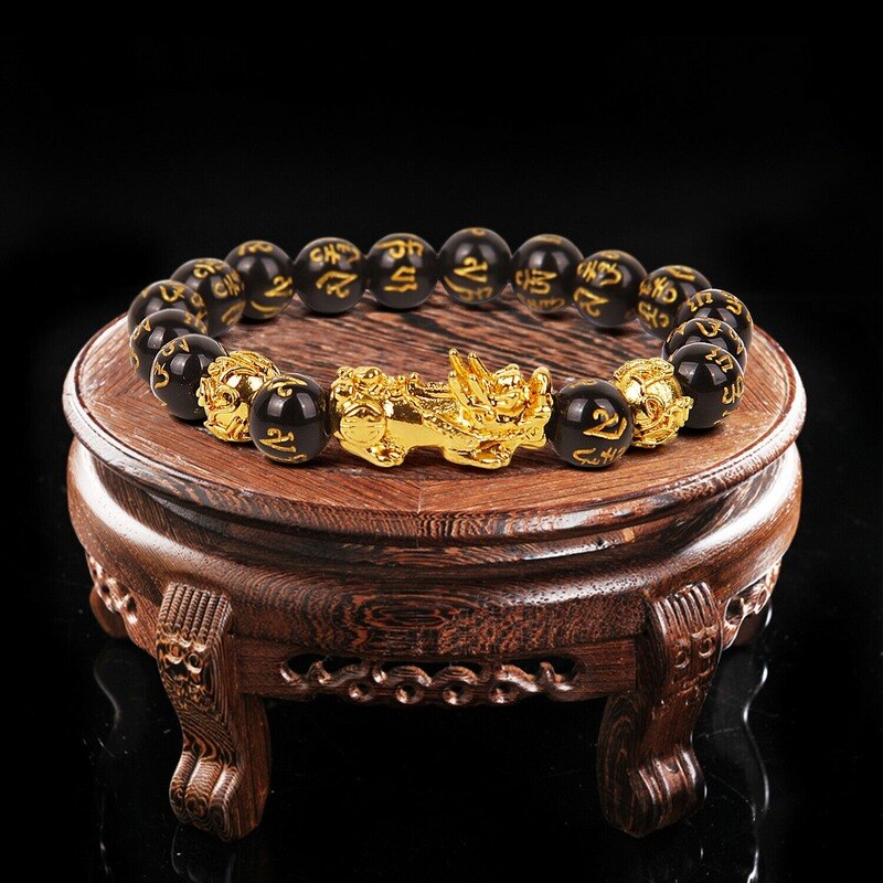 1pc Feng Shui 10-12mm Black Beads Alloy Wealth Bracelet Bangles With Golden Pixiu Charm bracelet Gifts for Men Women