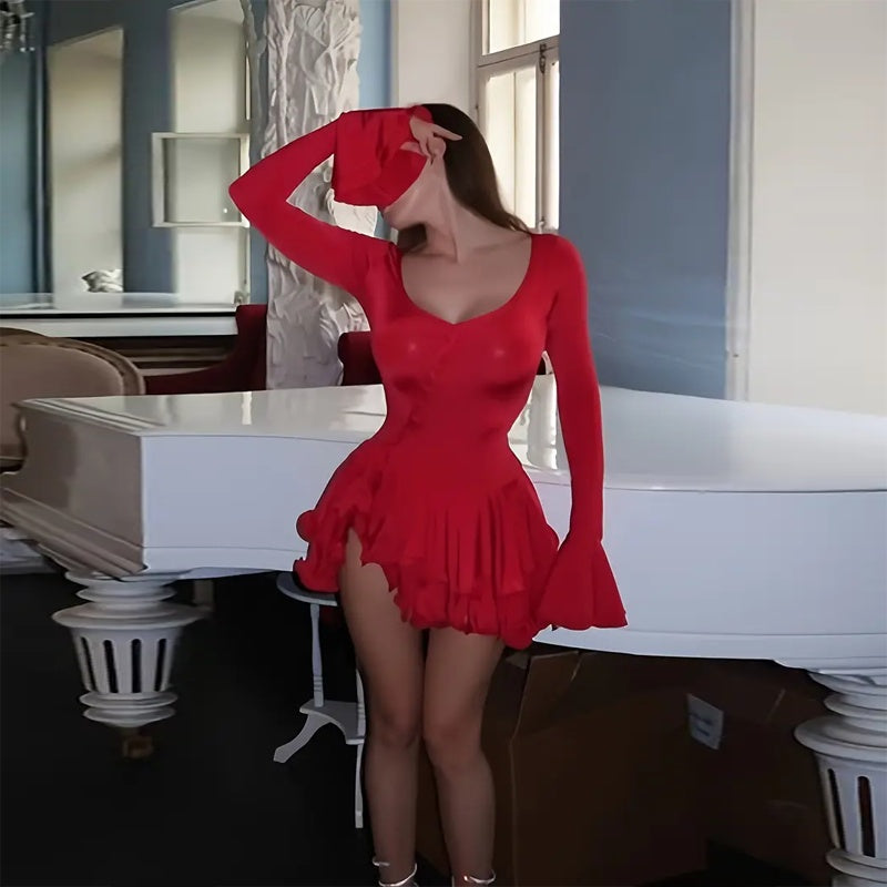 Women's Sexy Deep V-Neck Mini Dress With Flared Sleeves, Short Button Front Ruffle Hem Bodycon Dress