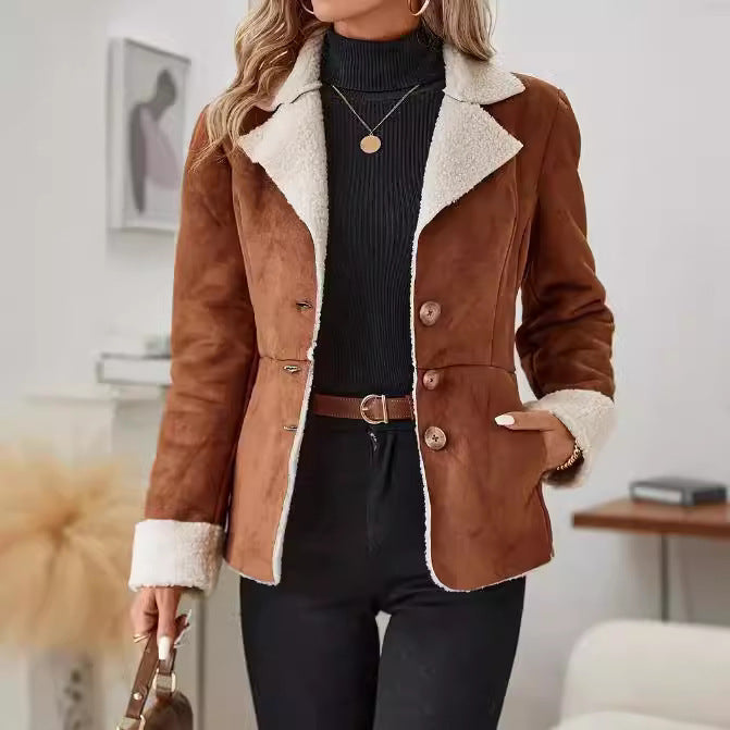 Giacca con tasca con risvolto integrata in pelliccia calda a prova di freddo, moda casual
