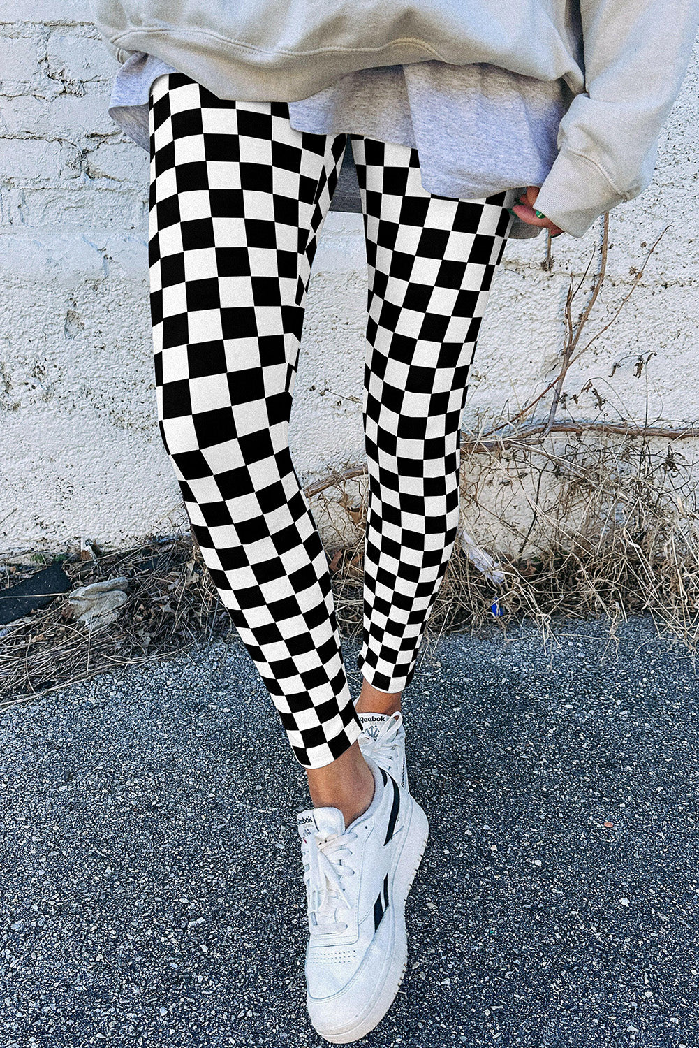Gray Checkered Pattern High Waist Skinny Leggings