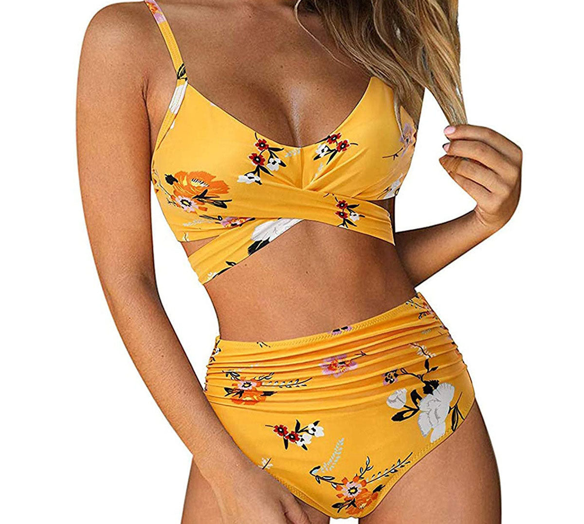 European and American swimsuit women's sexy solid color split bikini lace up high waisted leopard print cross tight swimsuit