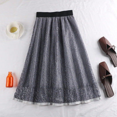 Spring And Summer Elastic High Waist Slimming Lace Crochet Hollow Large Swing A- Line Umbrella Skirt