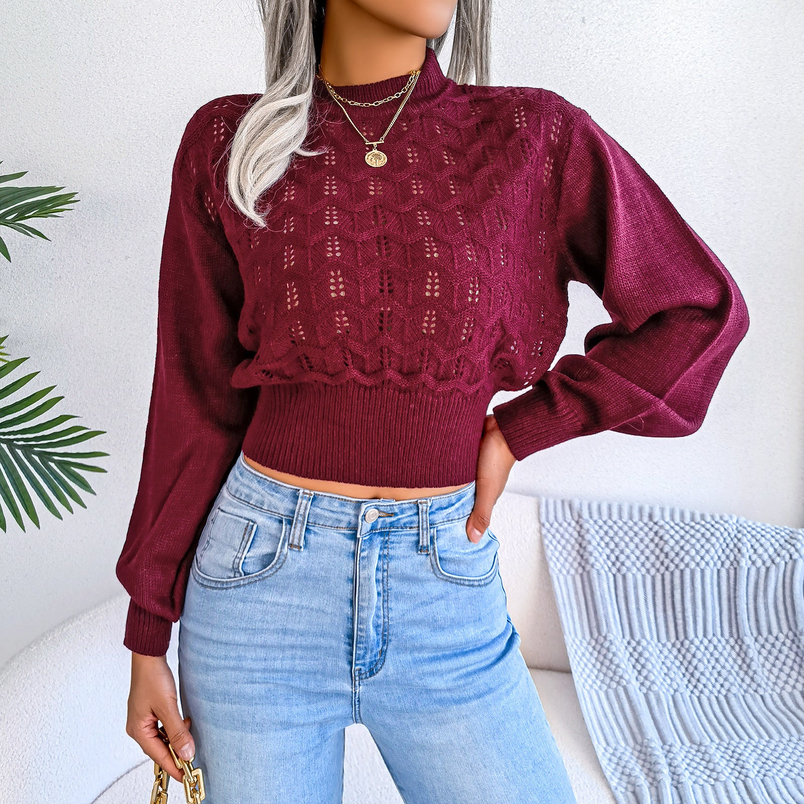 Women Street Style Solid Color Hollow Stripe Lantern Sleeve Cropped Sweater