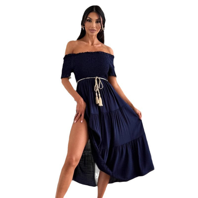 New Solid-color Short-sleeve Waist-cinching Tie-front Patchwork Dress