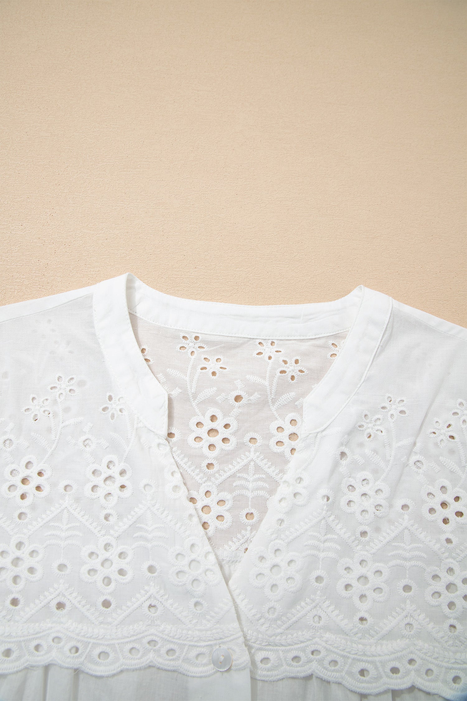 White Flower Eyelet Embroidered Patchwork Sheer Short Sleeve Shirt