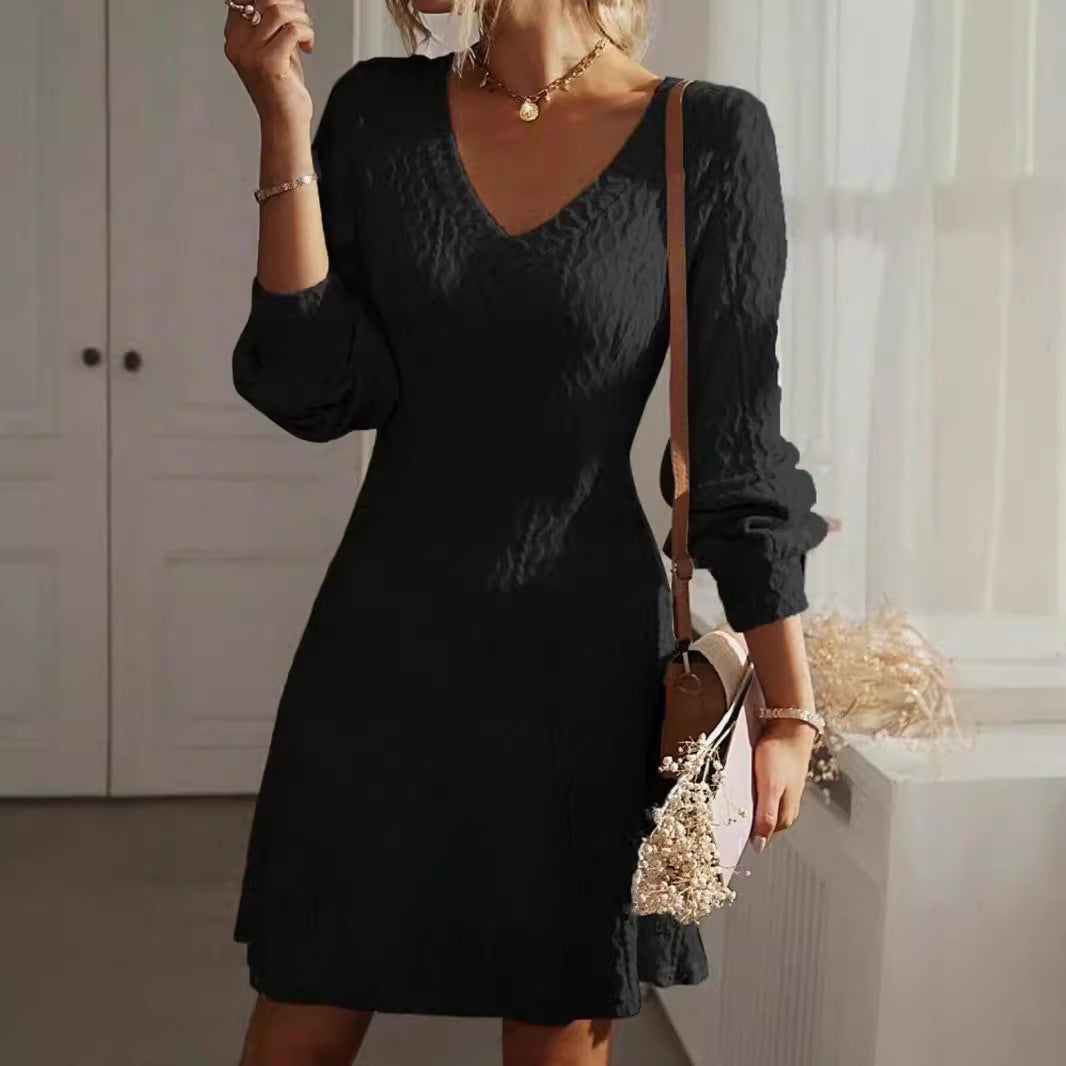 V-neck Textured Long Sleeve Elegant Dress