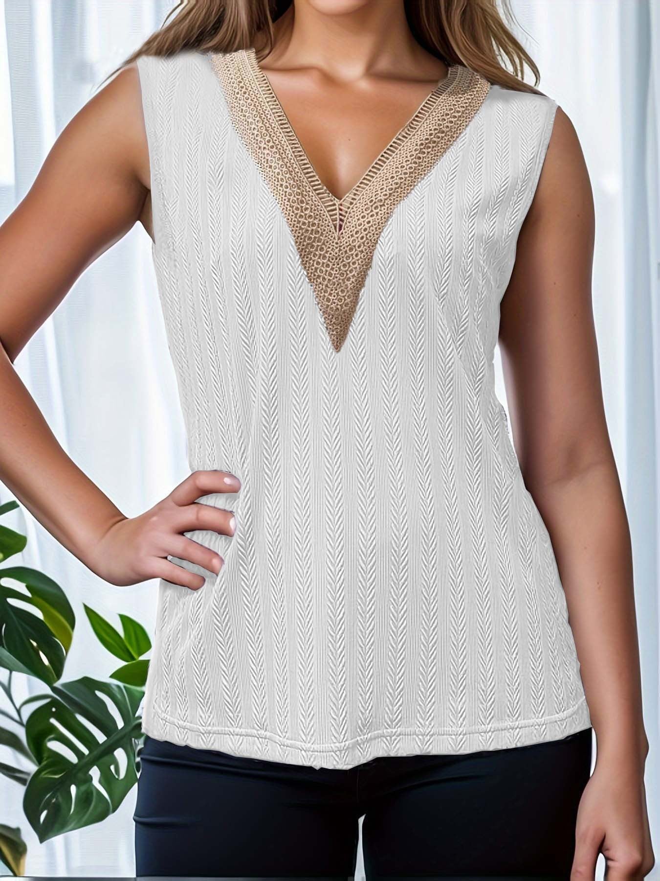 Casual Solid Color And V-neck Lace Stitching Vest For Women