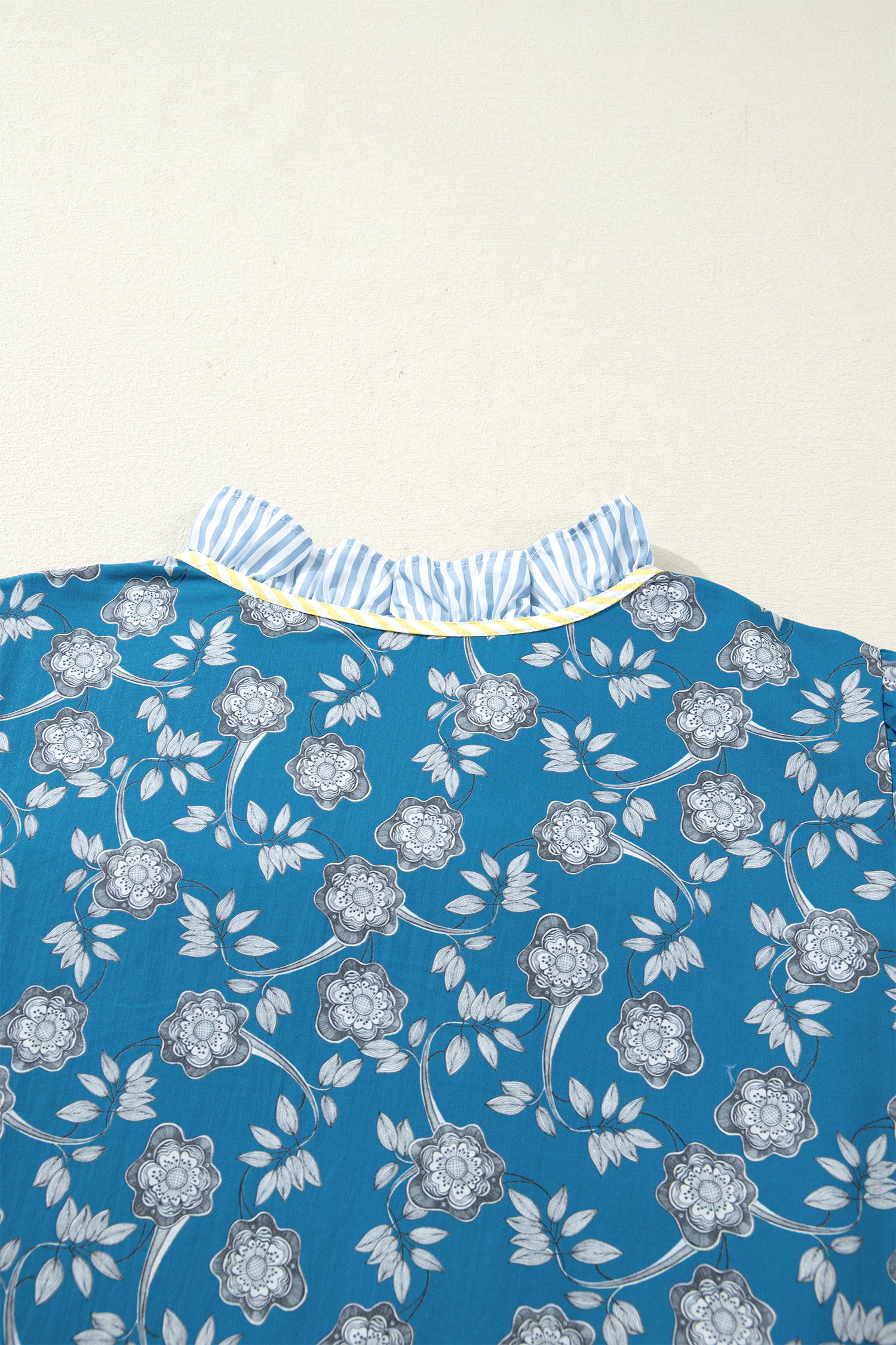 Blue Plus Size Floral Print Striped Patchwork Detail Button Front Ruffle Hem Dress