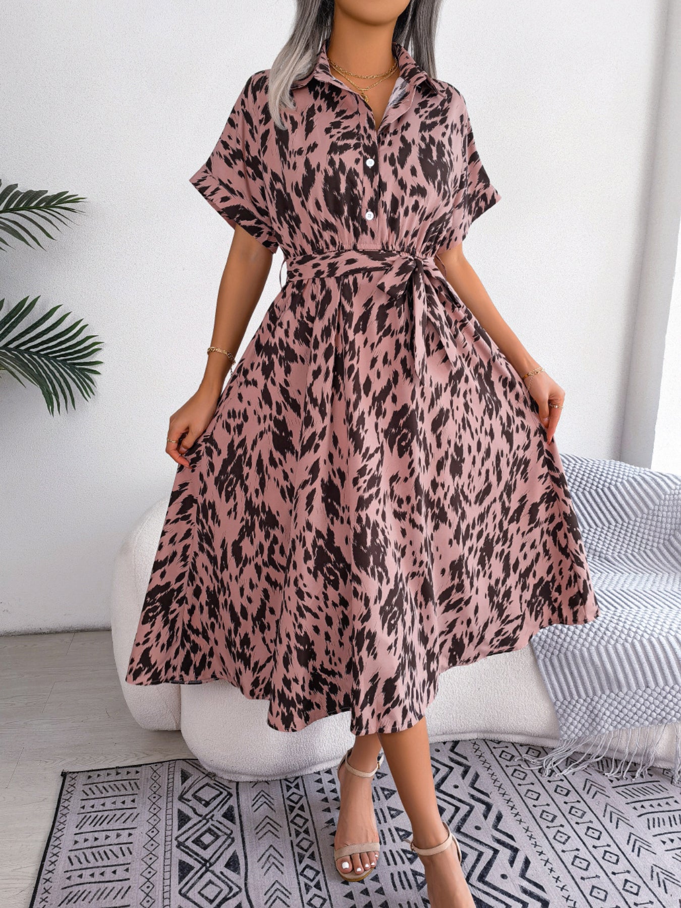 Women's Casual Loose Leopard Print Tie Waist Shirt Dress