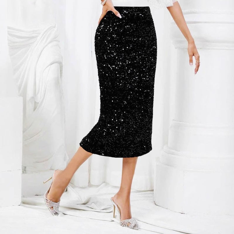 Elegant Sequin Waistband Elastic Skirt