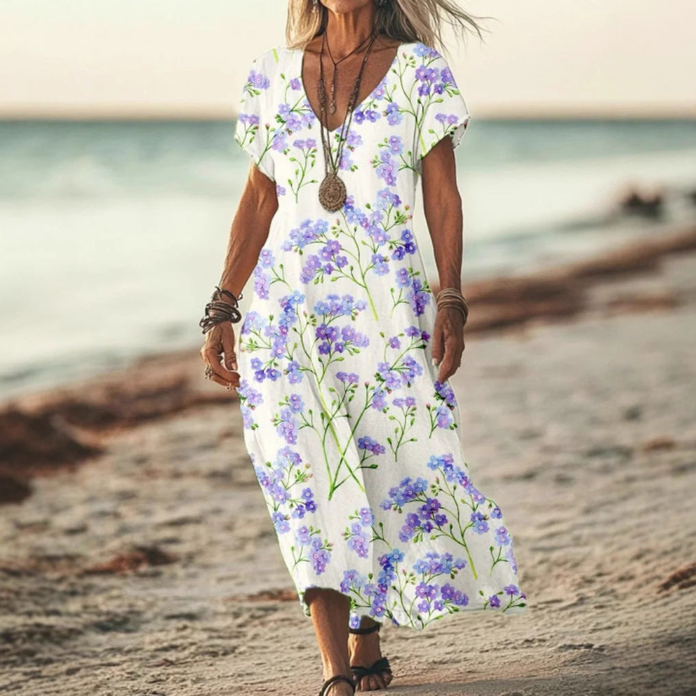Womens Floral V-Neck Short-Sleeve Dress