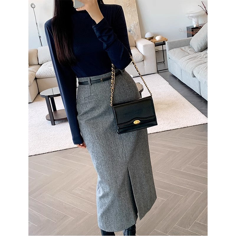 Gray Women's Autumn And Winter Thickened High Waist Mid-length Commuting Figure Flattering Sheath Skirt