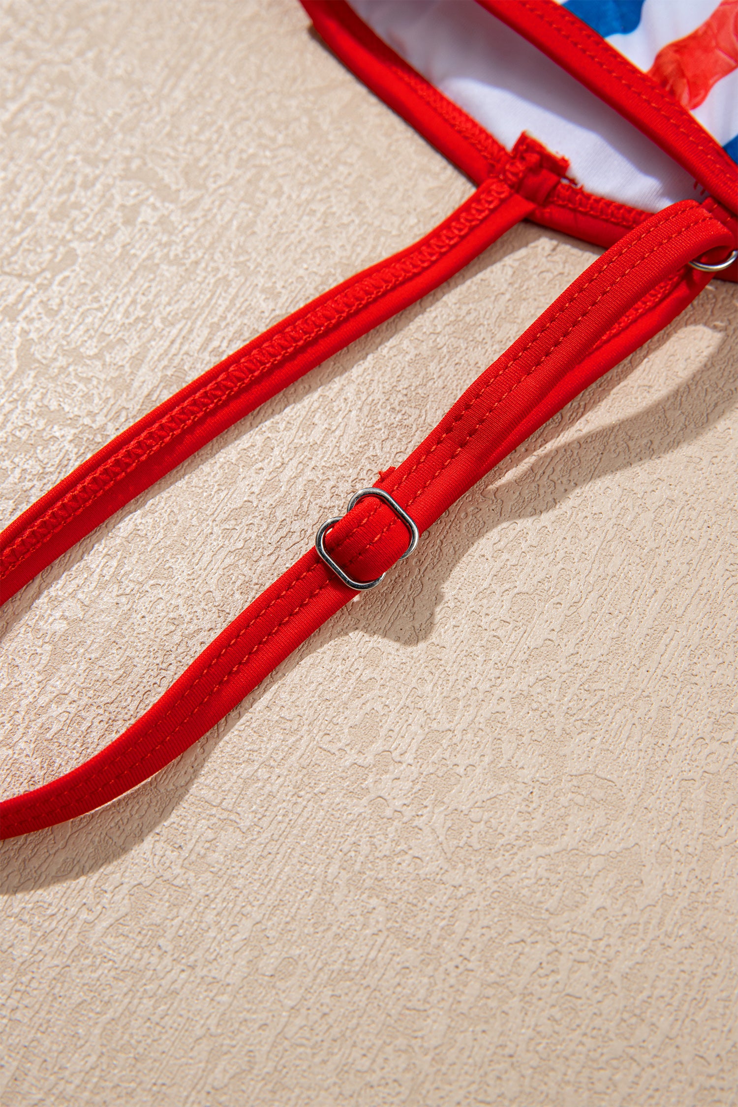 Red July 4th Stripes Star Floral Impression Cutout Spaghetti Straps One Piece Swimsuit