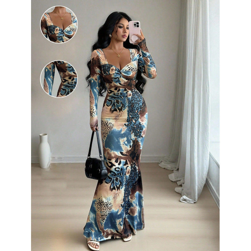 Long-sleeved Printed Dress With A Tie-front Design At The Chest