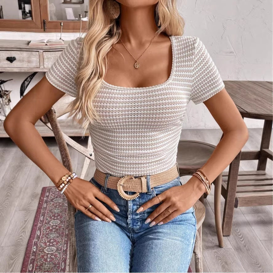 Womens Short-Sleeve T-Shirt With A U-Neck Striped Paneling And Pleated Design