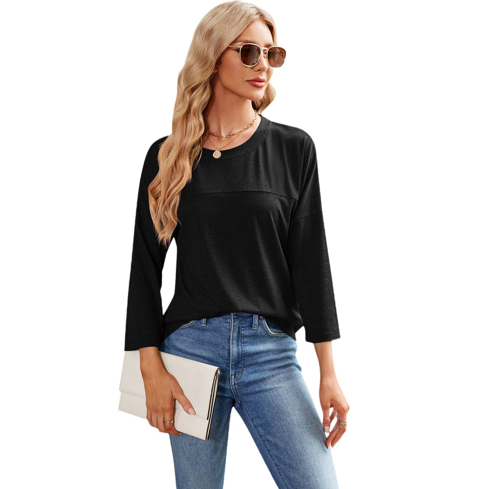 Solid Color Women's Casual Round Neck Loose T-shirt