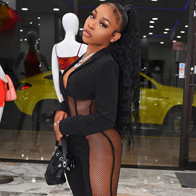 Mesh Stitching V-neck Sexy Long-sleeved Bodysuit