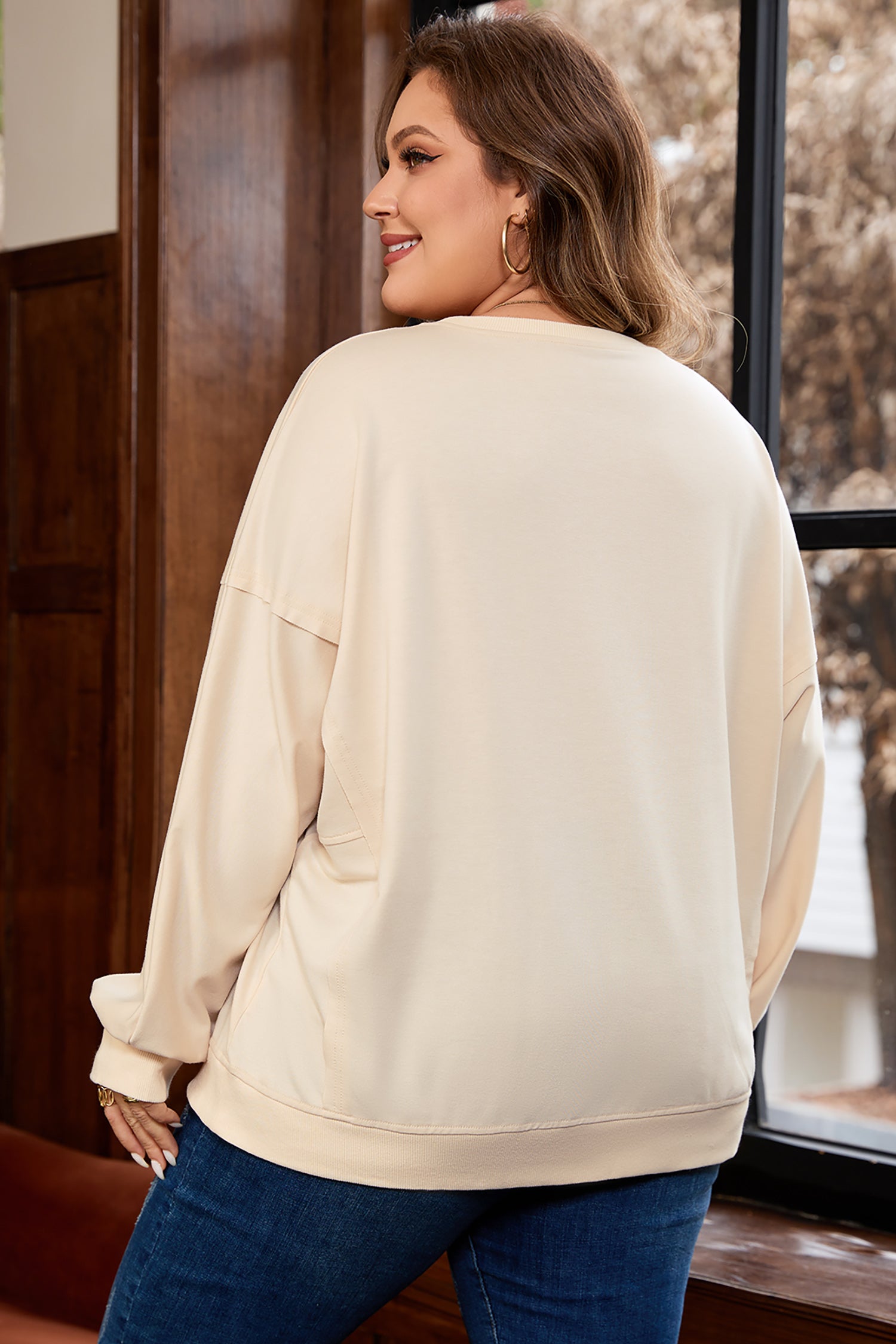 Beige Flower Patched Mineral Wash Round Neck Plus Size Top