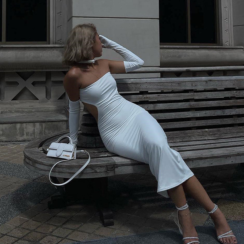 Women's Fashion Backless Solid Color Hanging Neck Dress