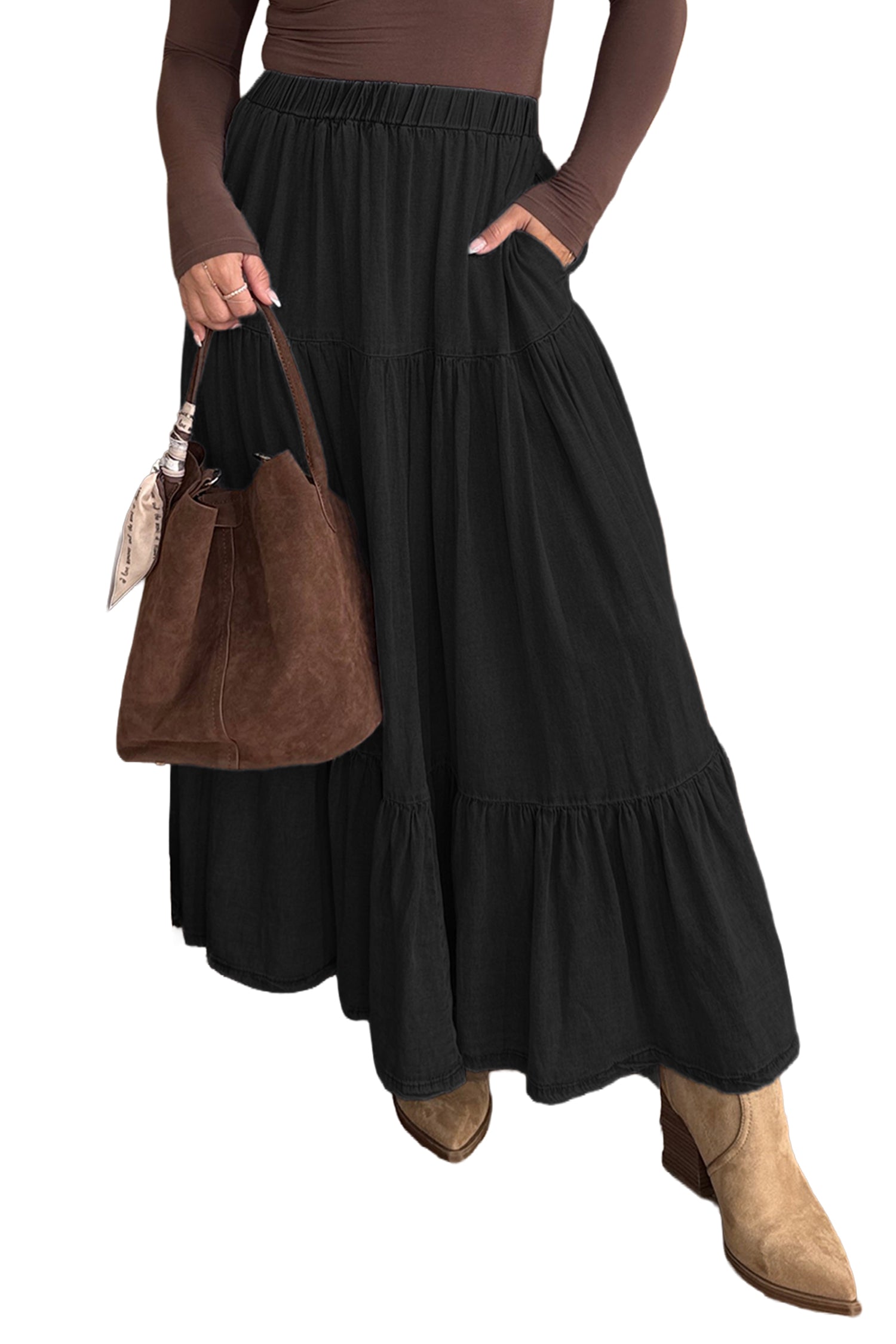 Beau Blue Elastic Waist Ruffled Tiered Flared Denim Maxi Skirt