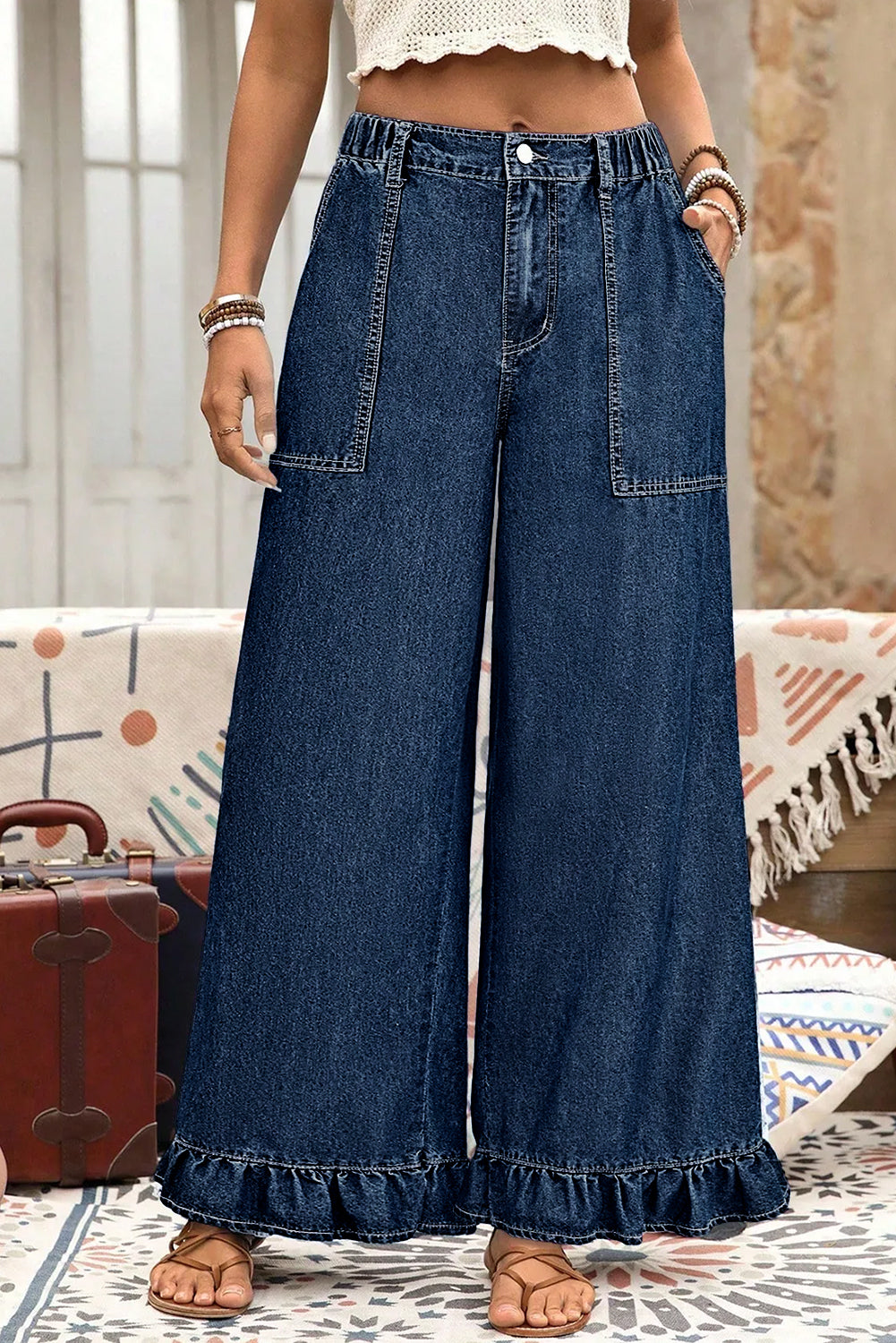 Dirty blue Plus Size Elastic Waist Ruffled Wide Leg Denim Pants