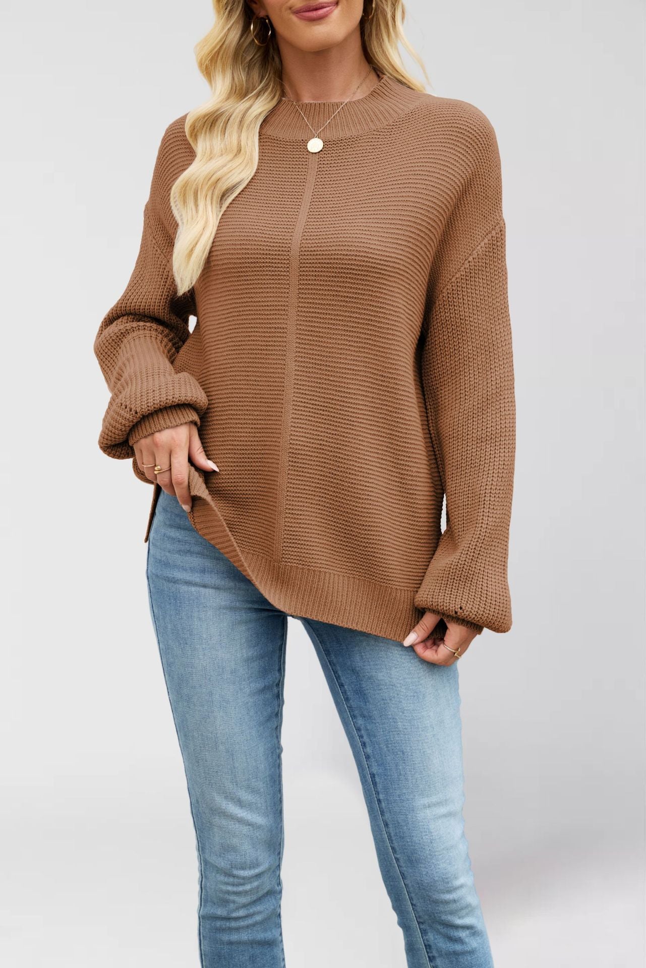 Knitted Solid Color Half Collar Loose Pullover New Sweater