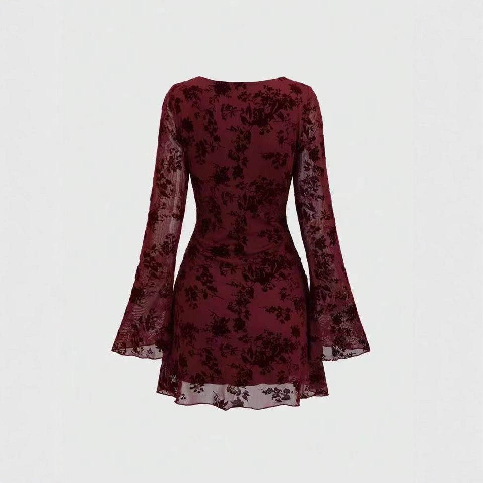 Spice Girl Mesh Flocked Crew Neck Flare-Sleeve Dress