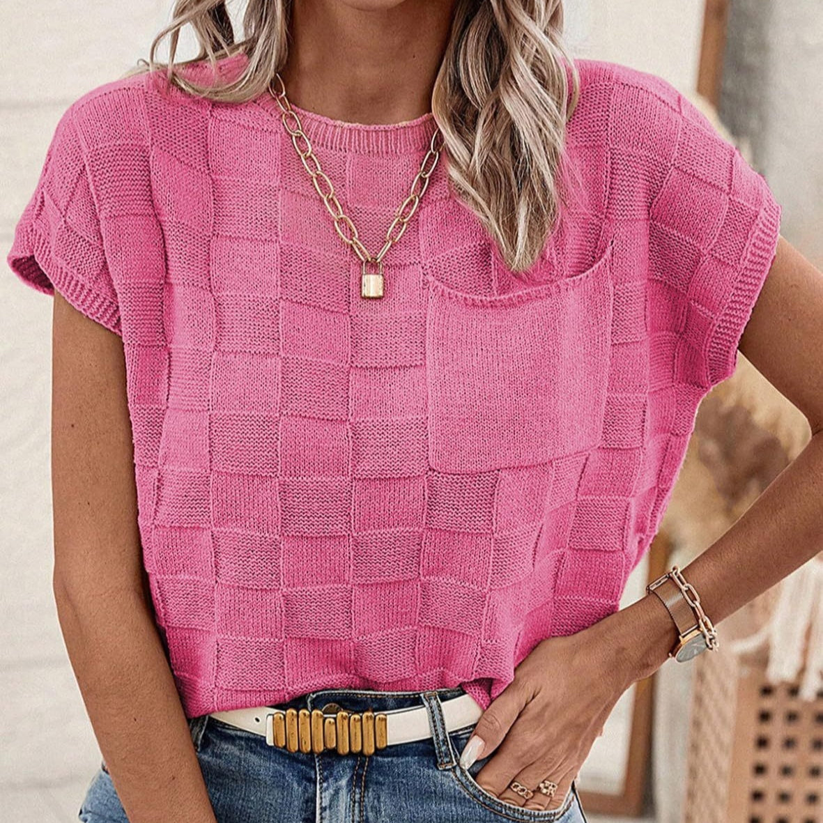 Small Plaid Knitted Casual Womens Top