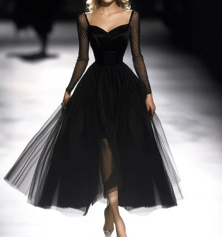 Womens Retro Classic French Black Gauze Dress