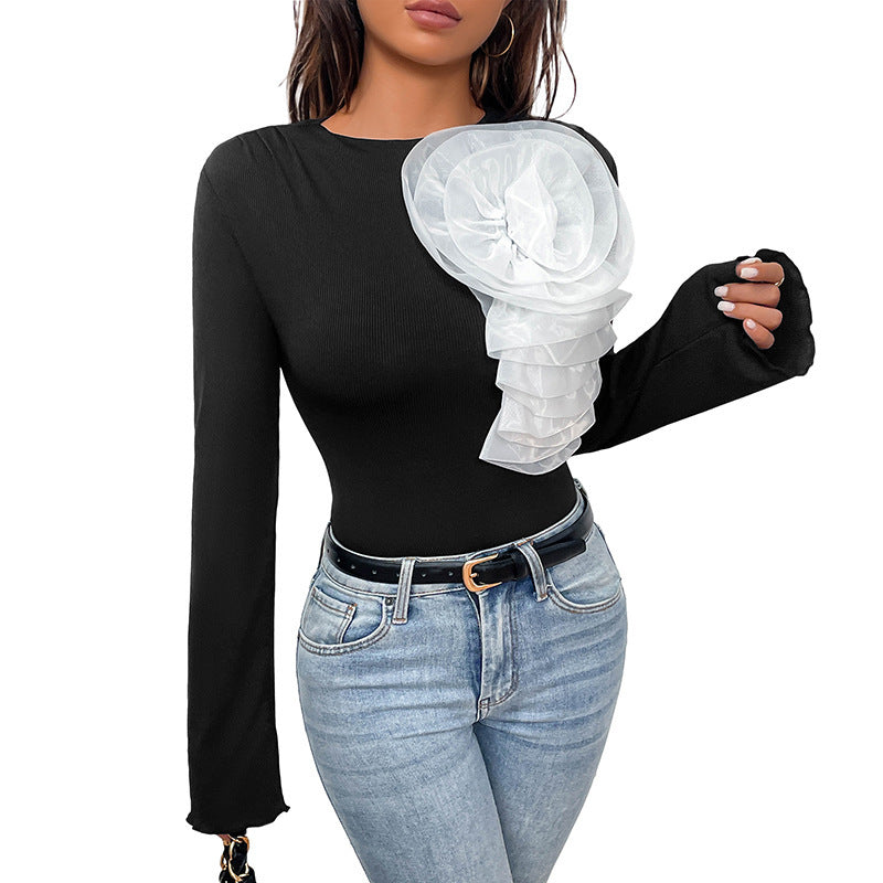 Sweet Style Design Three-dimensional Flower Decoration Black Long Sleeve Jumpsuit